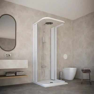 Immagine di Box doccia 70x70x70 modello Dora a 3 lati riducibili doppia anta con apertura centrale soffietto in pvc di colore bianco.