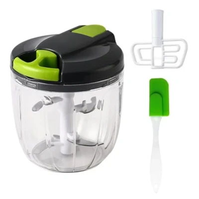 Immagine di STAWINM Tritatutto manuale multifunzione, da 900 ml, con corda per affettare verdure, trituratore cucina, 5 lame in acciaio inox e spatola frutta, carne (900 verde)