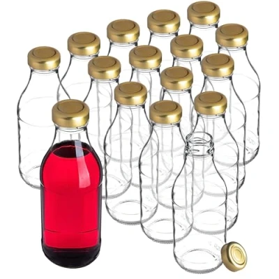 Immagine di KADAX bottiglie di vetro vuote da 0,33 l, con tappo a vite, set 16 pezzi, piccole riempire per latte, succhi frutta, frullati (16 pezzi)