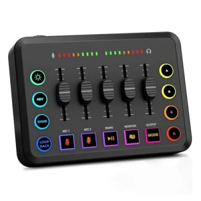 Immagine di Yunnaty mixer audio per gaming, PC streaming RGB con interfaccia microfono XLR, controllo volume, alimentazione phantom da 48 V podcast