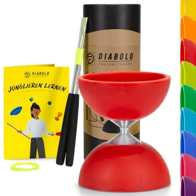 Immagine di Diabolo Freizeitsport Set giocoliere Basic (rosso) con bastoncini in alluminio, corda di ricambio, istruzioni (lingua italiana non garantita). Perfetto per bambini, principianti e