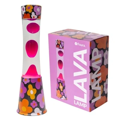 Immagine di Fisura Lampada lava fiori. Base Con stampa floreale, liquido trasparente e viola. Effetto rilassante. lampadina di ricambio. 11 cm x 39,5 cm.