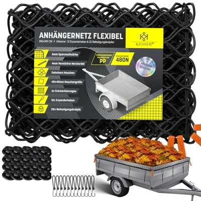 Immagine di KESSER® rete per rimorchio, 2 x 3 m, estensibile, a maglia fine, con corda di serraggio e cordoncino in il fissaggio del carico, sicurezza elastica, marcatura angolare, gancio