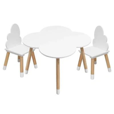 Immagine di Rebecca Mobili Set Tavolino e Sedie Per Bambini, Tavolo Arredo Cameretta Stanza Dei Giochi Bianco Marrone Chiaro, Mdf, Stile Nordico Misure: 44 x 60 cm / 50 25 Art. RE6733