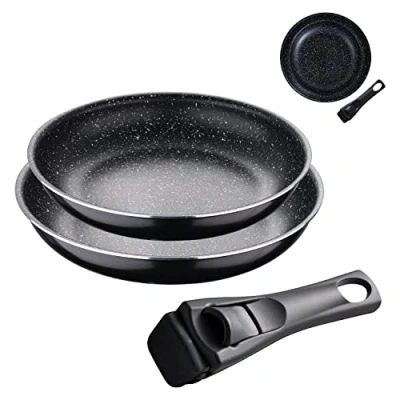 Immagine di BERGNER Click &amp; Cook Black Edition Set di Padelle 2 Alluminio Stampato 24 e 28 cm Con Manico Ergonomico Intercambiabile Utensili da Cucina Per Ogni Tipo Piano Cottura