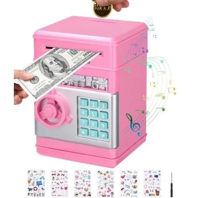 Immagine di Birshe Salvadanaio Elettronico Password,Cassaforte per Bambini Mini Bancomat ATM Banca dei Soldi Password Contanti Monete Regalo Rosa