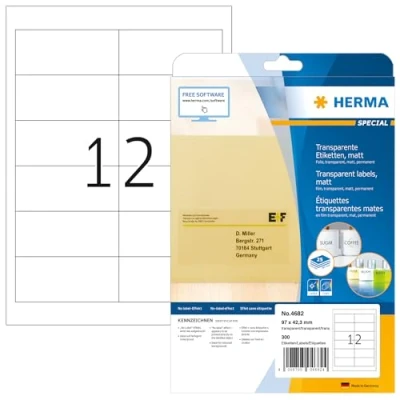 Immagine di HERMA Etichette per Indirizzi, 97 x 42,3 mm, Adesive A4 Stampante, 12 Foglio, Trasparente