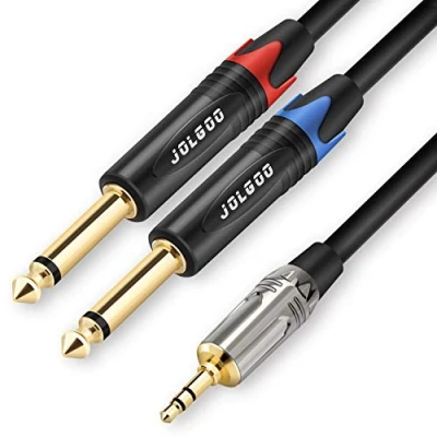 Immagine di JOLGOO cavo breakout stereo da TRS 3,5 mm a doppio TS 1/4&quot;, per microfono patch splitter Y 1/8&quot; jack mono 6,35 TS, 3 metri