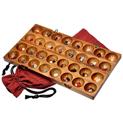 Immagine di LOGOPLAY 85 Hus, Bao, Kalaha, Gioco Dei Fagioli, Delle Conchiglie, Pietre Preziose in Legno Di Samena Con E Sacchetto Stoffa