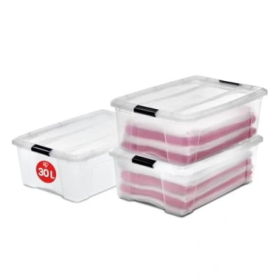 Immagine di Iris Ohyama Scatole Portaoggetti in con Coperchio, 30L, Lotto di 3, Trasparente, Clip Bloccaggio, Empilabile, Maniglia, Per Camera, Armadio, Ufficio, Organizzatore, Senza BPA, NTB 30
