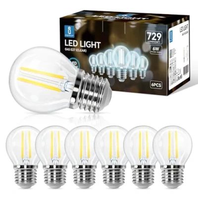 Immagine di Aigostar Lampadina Filamento LED E27,Luce Fredda 6500K,729Lm,6W Equivalenti a 55W,G45 Stile Vintage, Non Dimmerabile, Pacco da 6 Pezzi