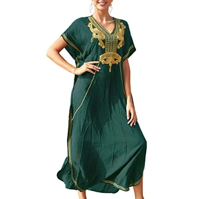 Immagine di YOUKD Cotton Kaftan Abito Floreale Ricamato Bohemian Beach Bikini Cover Up Robe Plus Size Camicia da Notte per Le Donne