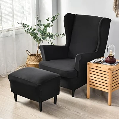 Immagine di CHNSHOME Copripoltrona con Orecchie 1 Posto Elasticizzato 2 Pezzi Coprisedile Fodera per Pouf Fodere poltrone Elastiche Nero