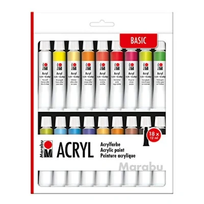 Immagine di Marabu 1210000000202 Set di colori acrilici con 18 da 12 ml, opachi a base d&#039;acqua, per telai, cartone pittura, carta e legno, ad asciugatura rapida