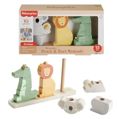 Immagine di Fisher Price animali in legno da impilare, 9 a blocchi e una base, gioco tema per stimolare la creatività, giocattolo bambini, 12+ mesi, HXV04
