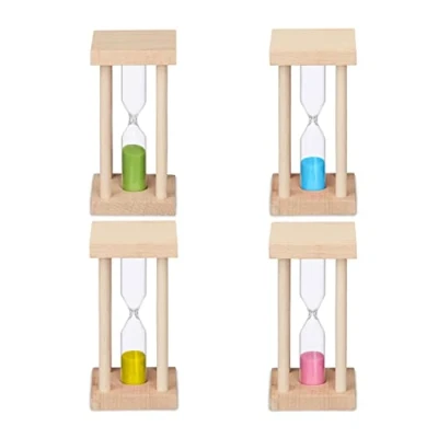 Immagine di Relaxdays Clessidra, Set 4 Timer Cucina 30sec, 1min, 3min, 5min, 9x4,5x9,5 cm Orologio per Bambini, Colorato, 70% Legno 30% Vetro