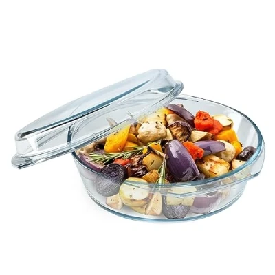 Immagine di KADAX Pirofila per Cottura da Forno in Vetro Trasparente, Casseruola Rotonda con Coperchio Cucina, Piatto Resistente al Calore Lasagne (2.8 L)
