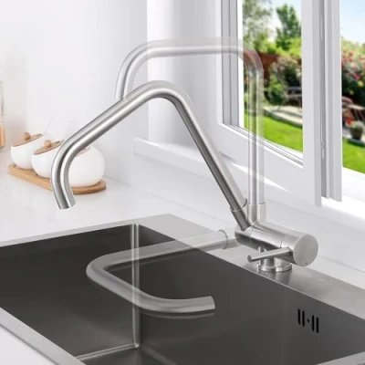 Immagine di Lonheo Rubinetto lavello Cucina pieghevole Girevole 360 , Miscelatore Sottofinestra Acciaio Inox 304, Monocomando Acqua Calda e Fredda