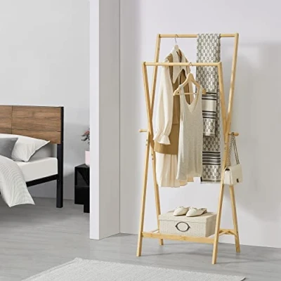 Immagine di [en.casa] Stand Appendiabiti in bambù Organizzatore Guardaroba per Ingresso Porta Abiti con 2 Barre, 1 Ripiano e Ganci Laterali