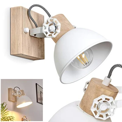 Immagine di HOFSTEIN lampada da parete Orny, orientabile in metallo/legno bianco/marrone, 1 luce, attacco E27, spot design retro/vintage, senza lampadina/e