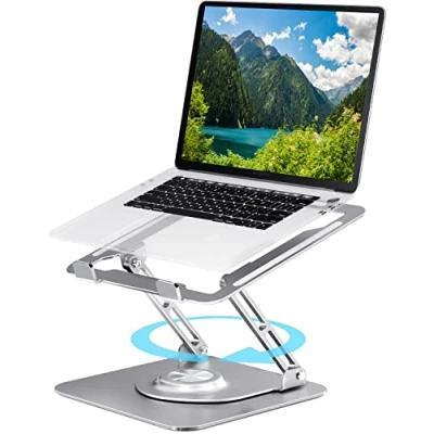 Immagine di Supporto per Laptop da Scrivania Base Girevole a 360, Altezza Regolabile Laptop, in Alluminio Pieghevole Portatile Compatibile con Macbook Notebook(Argento)