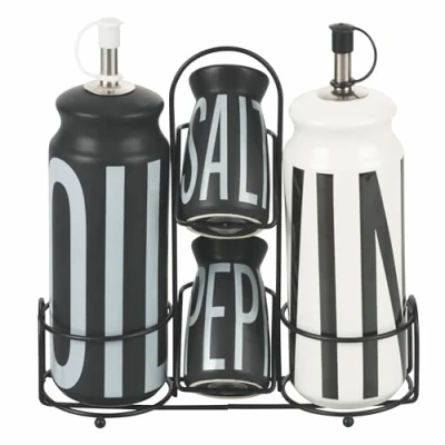 Immagine di Villa d&#039;Este Home Tivoli Set olio, aceto, sale e pepe gres, stand in acciaio inox, nero, Bigismore
