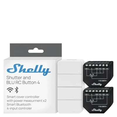 Immagine di Shelly Shutter x2 &amp; BLU RC Button 4 (Bundle) Wi Fi Interruttore a Relè Intelligente, 2 Canali, 4A, Monitora il Consumo di Energia, Tende Tapparelle, Nessun Hub Richiesto, Alexa e Google Home