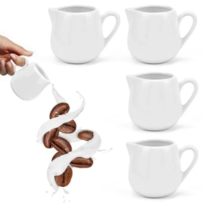 Immagine di SLTAXAR 4 Pezzi Brocca per Latte in Ceramica con Manico 220ml, Salsa da Cucina, Lattiera Bricco Porcellana, Tazza Caffè e Salse, Piccola Panna Latte, Bianco