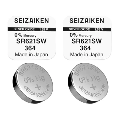 Immagine di 2 pile a bottone originali SEIZAIKEN 364, SR621SW, 1,55 V, batterie per orologio, ossido d&#039;argento, 0% mercurio, 100% Made in Japan