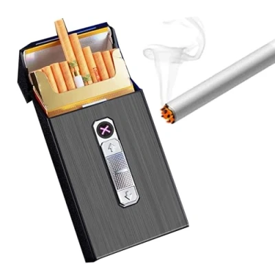 Immagine di OLELY portasigarette da Donna con Accendino, Scatola di Sigarette Portatile 20 Pezzi Slim, Custodia for accendini USB 2 in 1 Esterno (Color : Black Brushed)