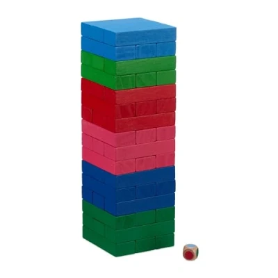 Immagine di Relaxdays Torre Traballante, Gioco di Abilità con 48 Blocchi in Legno, Dadi, HLP 24,5 x 7,5 cm, Colorata