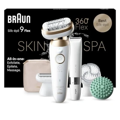 Immagine di Braun Silk épil 9 Flex SkinSpa Depilatore Donna, Epilatore Elettrico Donna Con Testina Flessibile a 360 Per Una Epilazione Semplice, Wet &amp; Dry, Pelle Liscia Lungo, 481 3D, Bianco/Oro