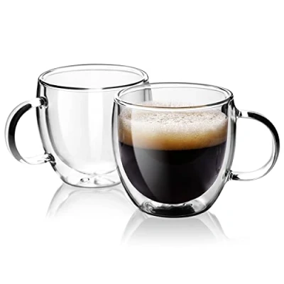 Immagine di Stylusella tazze da caffè in vetro a doppia parete, 150 ml, set di 2, termiche borosilicato con manico