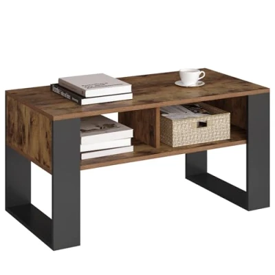 Immagine di WOLTU Tavolino da Salotto, Divano con 2 Scomparti Aperti, Basso, Laterale per Soggiorno, Camera Letto, in Legno, Marrone Rustico + Nero, 90x45x45cm, BTS16hov
