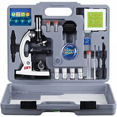 Immagine di AmScope M30 ABS KT2 W Beginner Microscope Kit, LED and Mirror Illumination, 300X, 600x, 1200x Magnification, Includes 52 Piece Accessory Set Case, White by