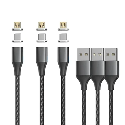 Immagine di NetDot Gen10 Cavo di Ricarica Magnetica Intrecciato in Nylon con LED Laterale Compatibile Dispositivo Micro USB e C (1m/3 Pack Nero)