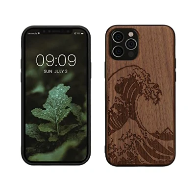 Immagine di kwmobile Custodia Compatibile con Apple iPhone 12 / Pro Cover Back Case in Legno Bumper Silicone TPU Onda Hokusai marrone scuro