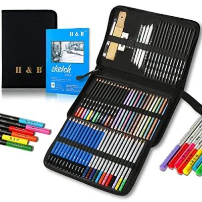 Immagine di H &amp; B set di matite da disegno e blocco per schizzi, 72 pezzi, schizzi con colorate artisti, kit completo in grafite,