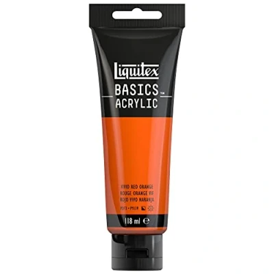 Immagine di Liquitex 8870077 Basics Pittura acrilica, Pigmenti per artisti monopigmentati, Resistente alla luce, durevole nel tempo, Finitura satinata, Tubo da 118 ml Rosso Arancio Vivo