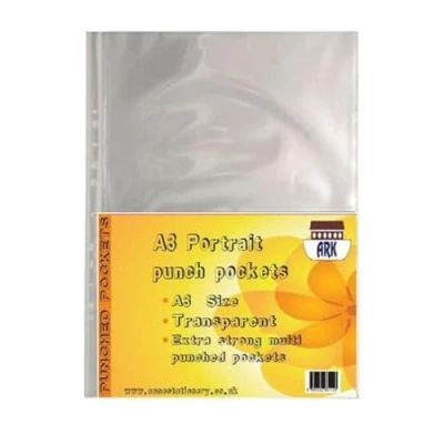 Immagine di 30 buste trasparenti ARK A3, in plastica trasparente, 90 micron, con fori resistenti (verticale)