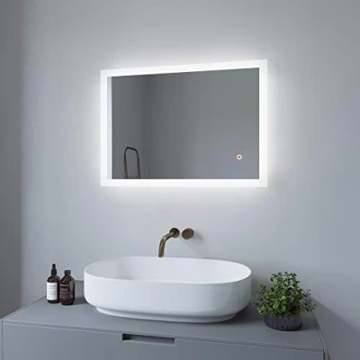 Immagine di AQUABATOS specchio da bagno a LED, 50 x 70 cm, con illuminazione, bagno, touch, temperatura di colore, bianco freddo, 6400 K, IP44 CE, risparmio energetico