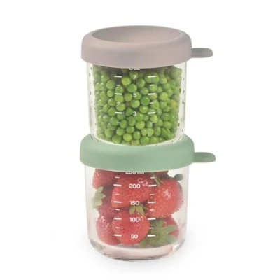 Immagine di BÉABA Set di 2 Contenitori Pappa, Vasetti in Vetro per la Conservazione, Porzioni Freezer Svezzamento, Neonati e Bambini, Scala Graduata Misurazione, Termoresistente, 250 ml, Verde salvia/Gazzella