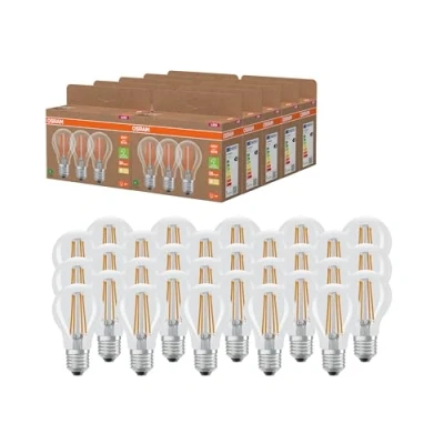 Immagine di OSRAM Lampade LED ad alta efficienza con classe energetica A, confezione vantaggiosa 30 lampadine, sostituisce le tradizionali lampadine da 60W, forma a bulbo, bianco caldo, E27, vetro filamento