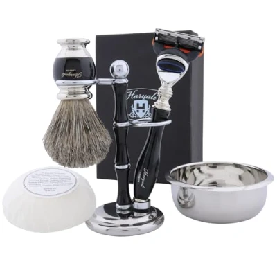 Immagine di Fatto a Mano Set da Barba Uomo Inclusi Nero Puro Pennello in Tasso, 5 Rasoio, Ciotola Rasatura con Sapone e Porta Pennelli
