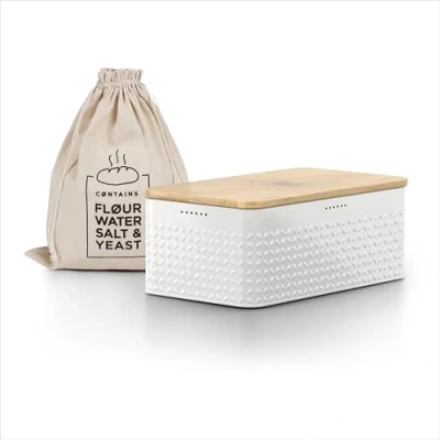Immagine di LARS NYSØM Portapane con sacchetto per il pane incluso in lino I Cassetta freschezza particolarmente duratura Cestino coperchio bambù adatto come tagliere (White)