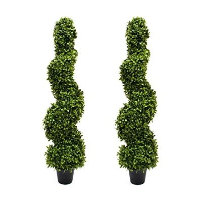 Immagine di 2 alberi di bosso artificiale a spirale alta qualità, piante topiarie protette dai raggi UV, struttura in metallo resistente, perfetti per ingressi e decorazioni esterni, 96 cm