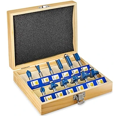 Immagine di S&amp;R Set Frese per legno 12 pz HM, codolo 8 mm, in acciaio forgiato, punte da taglio metallo duro, scatola di