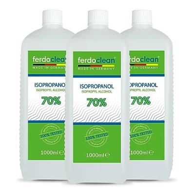 Immagine di ferdoclean Isopropanolo al 70% in 3 flaconi da 1000 ml, solvente a base di alcool IPA, detergente per la casa, cucina, l&#039;auto e altro ancora, ideale rimozione dei grassi