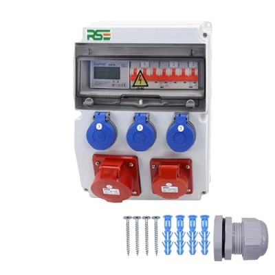 Immagine di Distributore di corrente da parete completamente cablato, 32 A, 16 230 V, con contatore CEE IP65, 8. 1 x 32a 16a 3 LS+