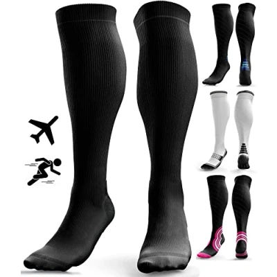 Immagine di aZengear calze a compressione per uomini e donne (20 30 mmHg / Classe 2) │ Supporto la del polpaccio, anti TVP, da viaggio gambe gonfie senza riposo (XXL, Nero)